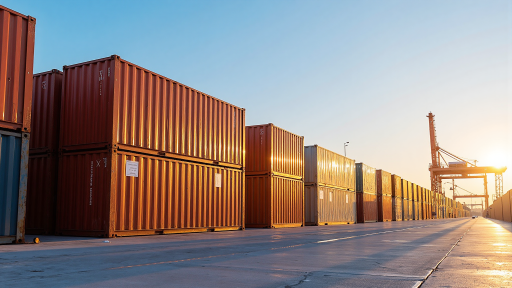 现代化港口集装箱码头，货轮装卸场景，展现全球贸易网络，蓝天白云背景