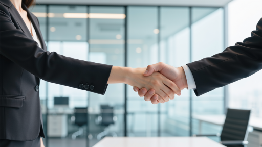 商务谈判场景，专业团队与客户握手合作，体现专业服务，现代会议室环境
